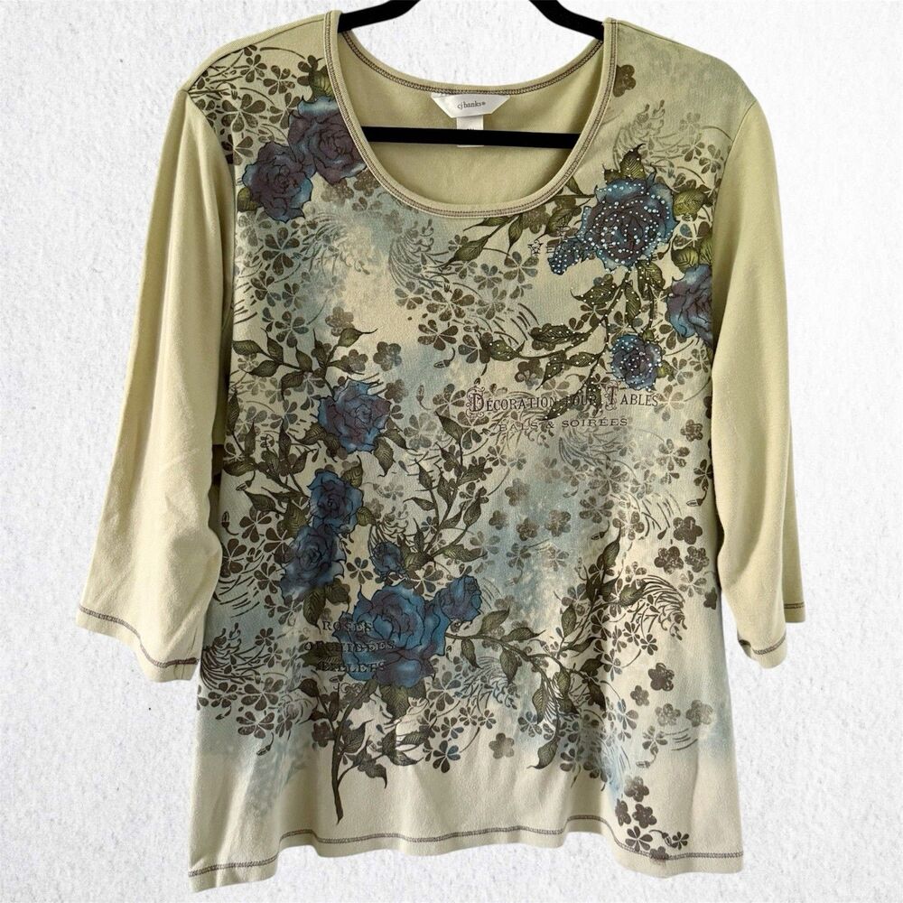 Vintage Y2K Botanical Whimsigoth Artsy Floral Sage Green Top Tee Shirt Blouse 2X
